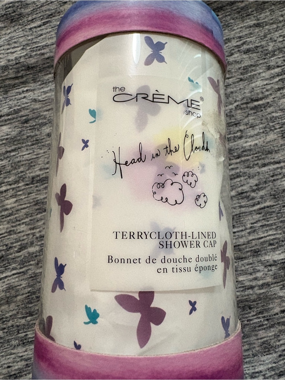 The Crème Shop Terrycloth-Lined Shower Cap — Purple & Teal Butterfly Print